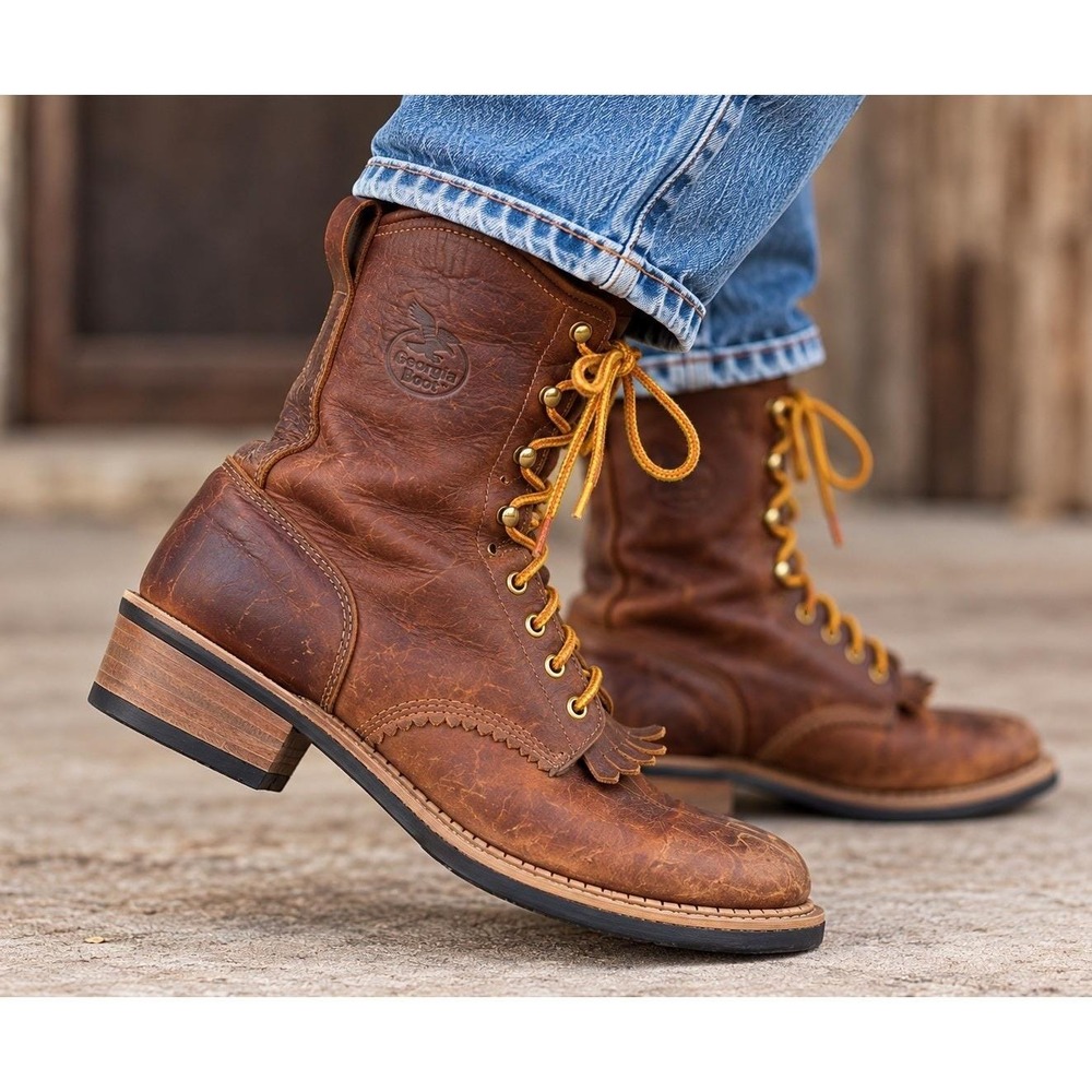 Georgia Boot Mens 90s Vtg Leather Lace Up Kiltie Western Farm Boot Sz 9.5M Brown